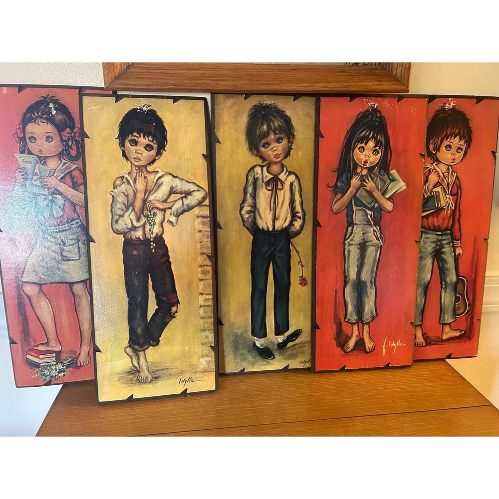 Set Of 5 F. Jolylle/Idylle Big Eye School Children Wall Plaques Vintage Art